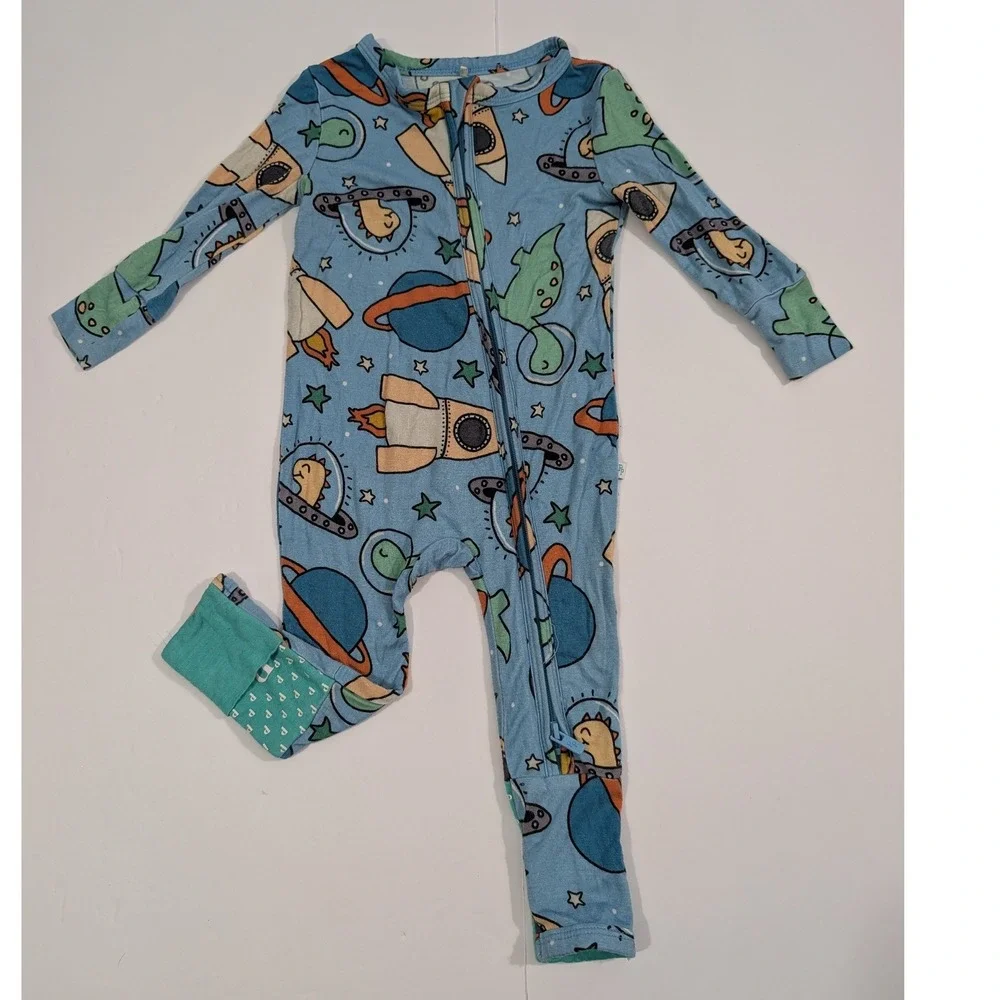 Posh Peanut Space Dinosaur Bamboo Viscose Zippy Footie Pajamas 3-6 Months Blue